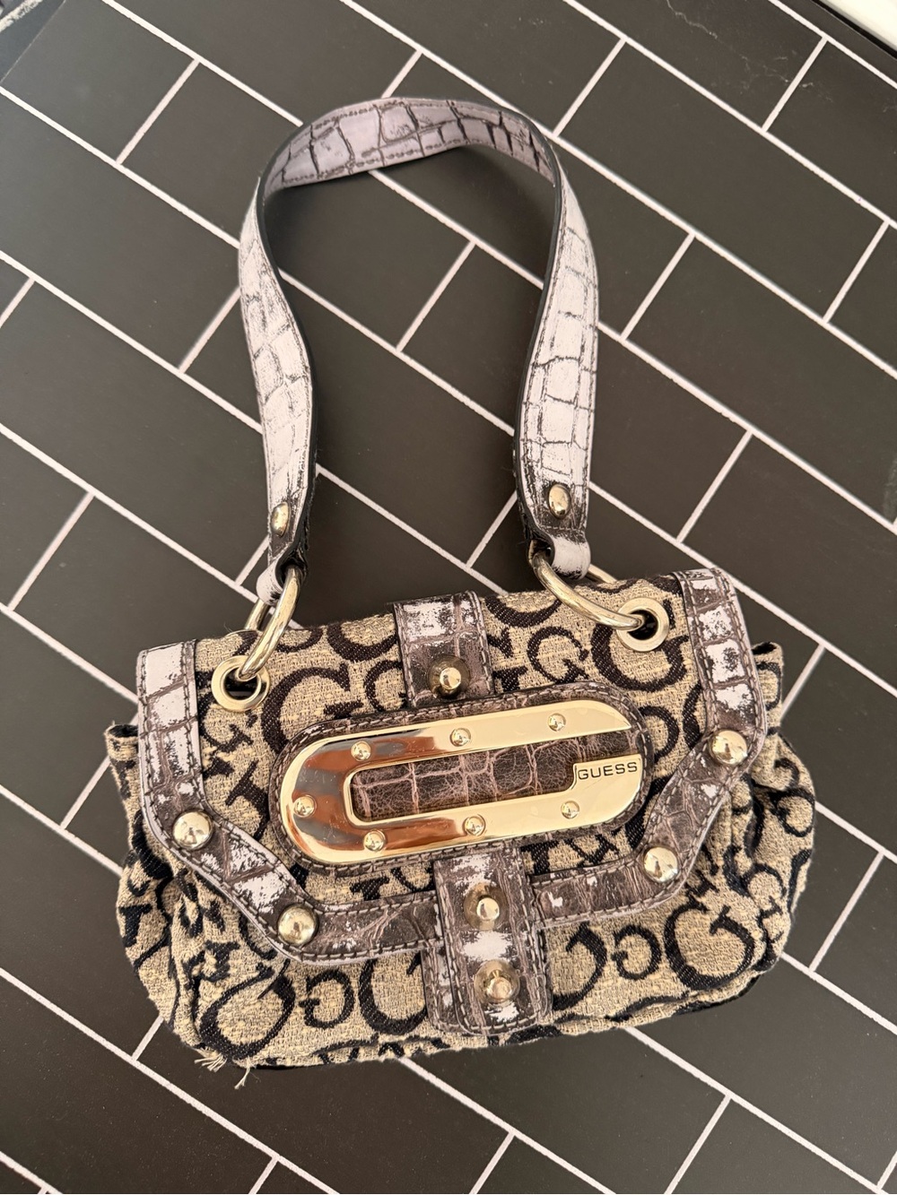 GUESS Beige and Brown Logo Jacquard Shoulder Bag with Gold Hardware